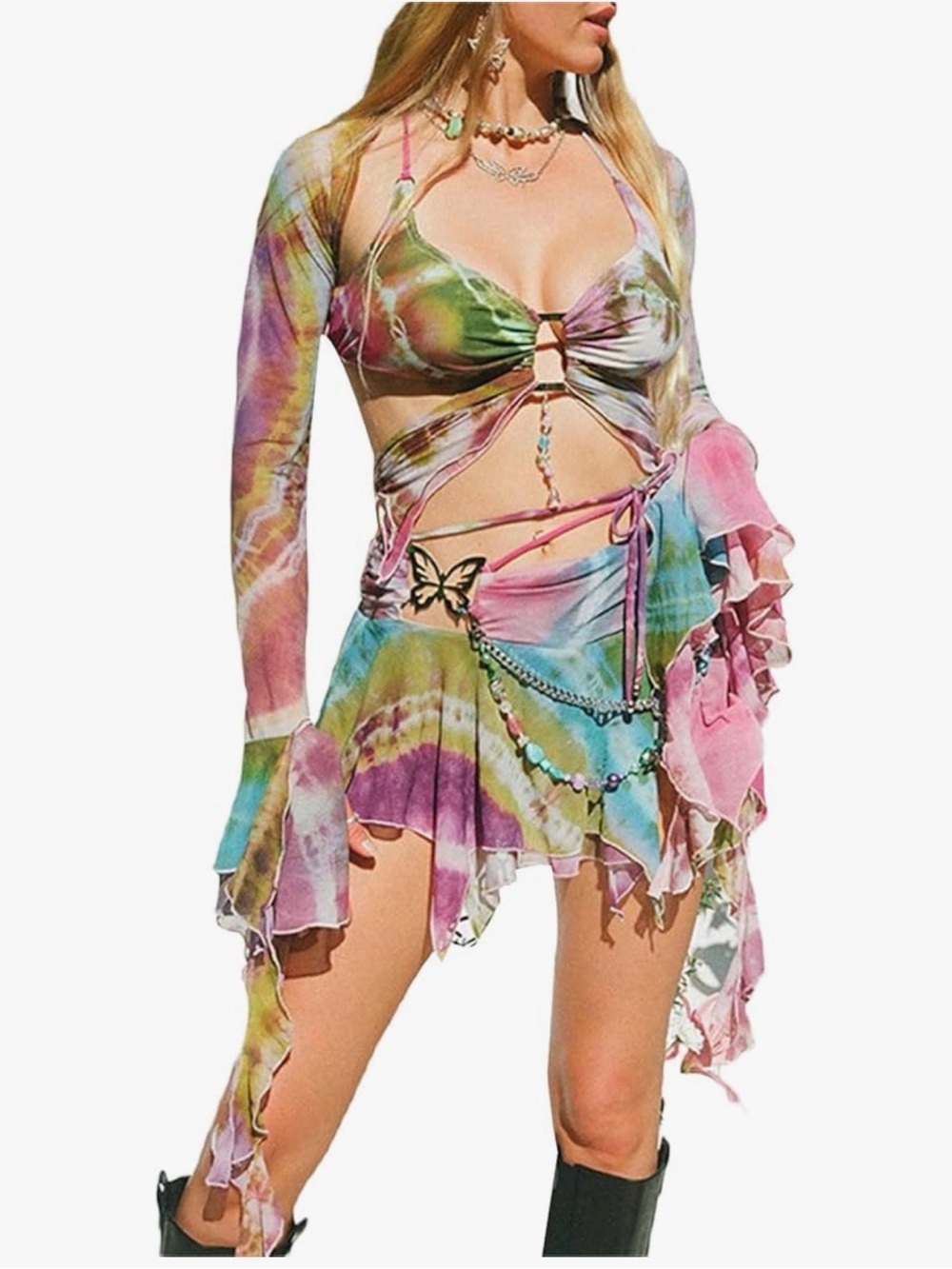 Muineobuka Y2K Rave Festival 3 Piece Mesh Tie Dye Skirt Set Size L - Picture 2 of 8